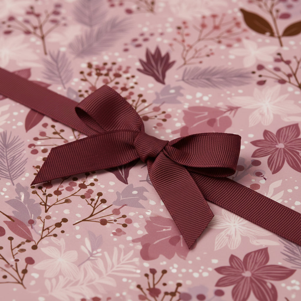 Close-up of pink floral wrapping paper with a burgundy ribbon, perfect for birthday gifts or a unique baby shower present.