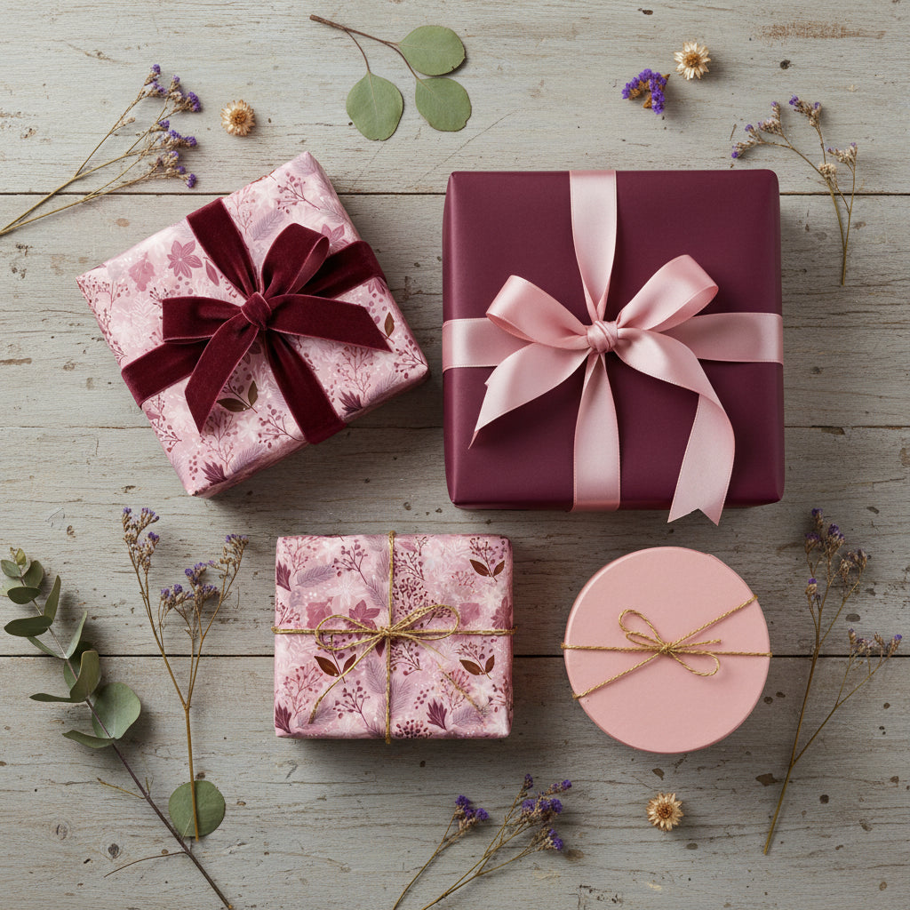Elegant gifts wrapped in floral wrapping paper with velvet and satin ribbons on a rustic wooden surface.