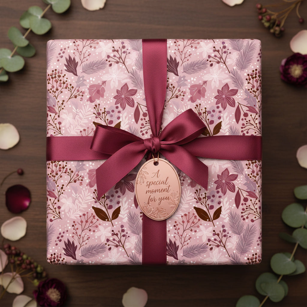 Blush pink floral wrapping paper with a wine-colored ribbon and gift tag for a special occasion.