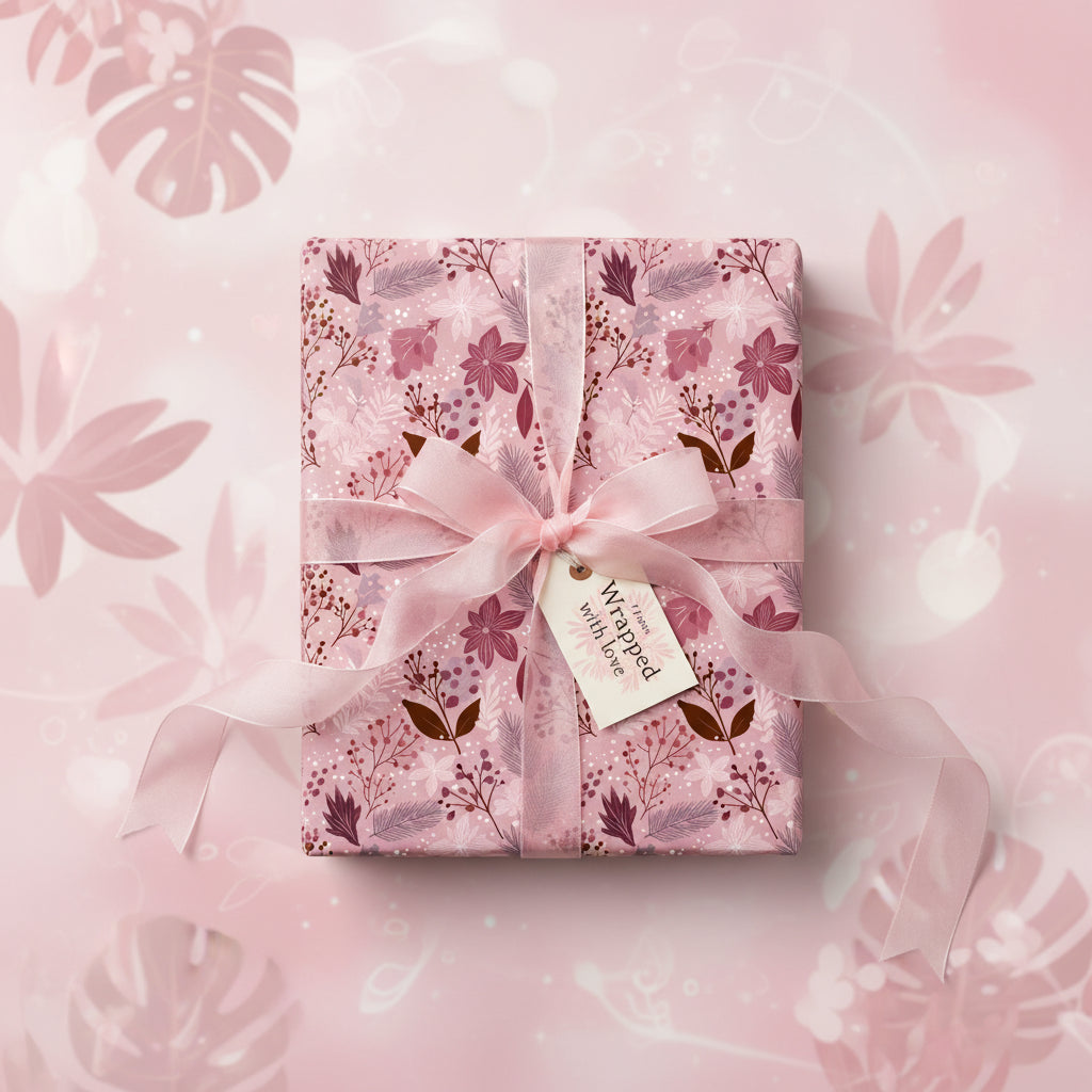 Elegant square gift wrapped in pink floral wrapping paper with a delicate pink ribbon.