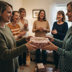 Woman receiving a gift wrapped in pink floral wrapping paper with twine bow from a friend.