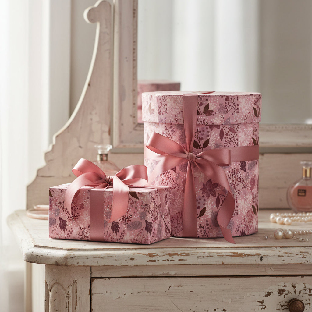 Elegant pink floral wrapping paper with ribbon on gifts; perfect for birthday or bridal shower gifts.
