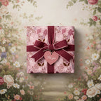 Square gift wrapped in pink floral wrapping paper, tied with a burgundy bow and heart-shaped gift tag.