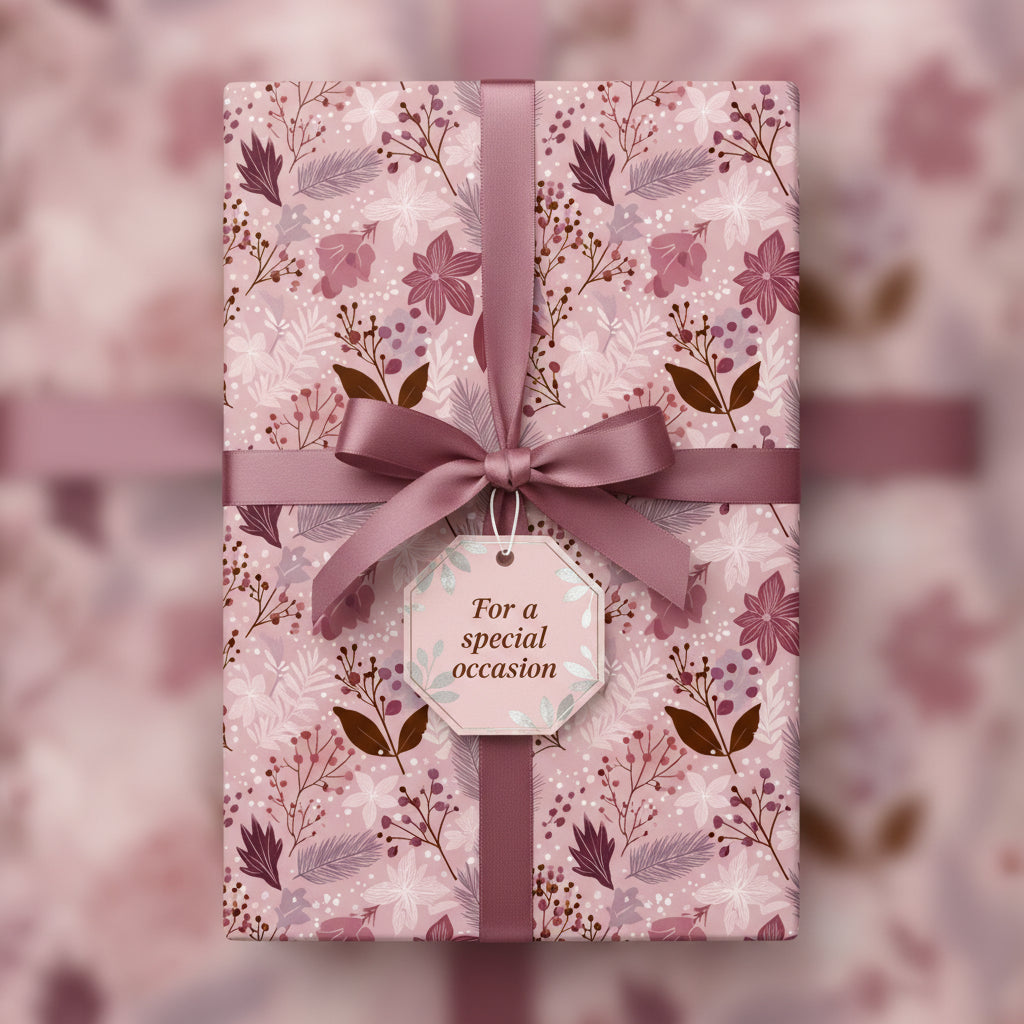 Elegant gift wrapped in pink floral wrapping paper with mauve ribbon, perfect for a special occasion.
