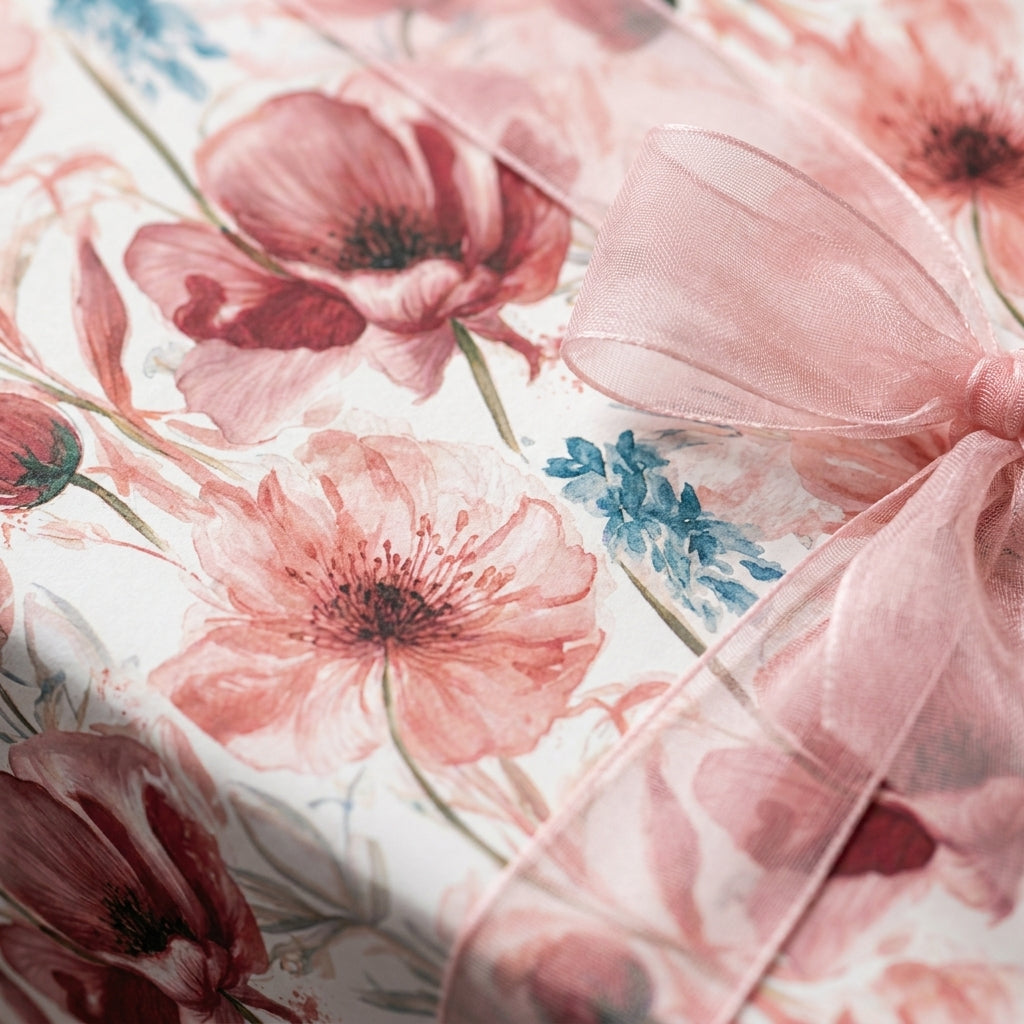 Luxury pink floral wrapping paper with watercolor poppies and sheer organza bow by Wrapped Studios.