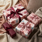 Elegant dusty rose floral wrapping paper and luxury gift wrap with satin ribbons by Wrapped Studios.