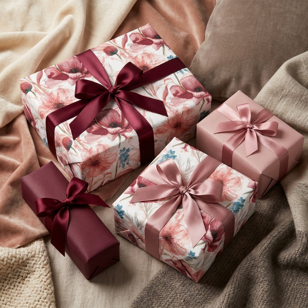 Elegant dusty rose floral wrapping paper and luxury gift wrap with satin ribbons by Wrapped Studios.