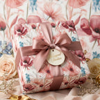 Elegant pink floral wrapping paper with a dusty rose satin bow, luxury gift wrap by Wrapped Studios.