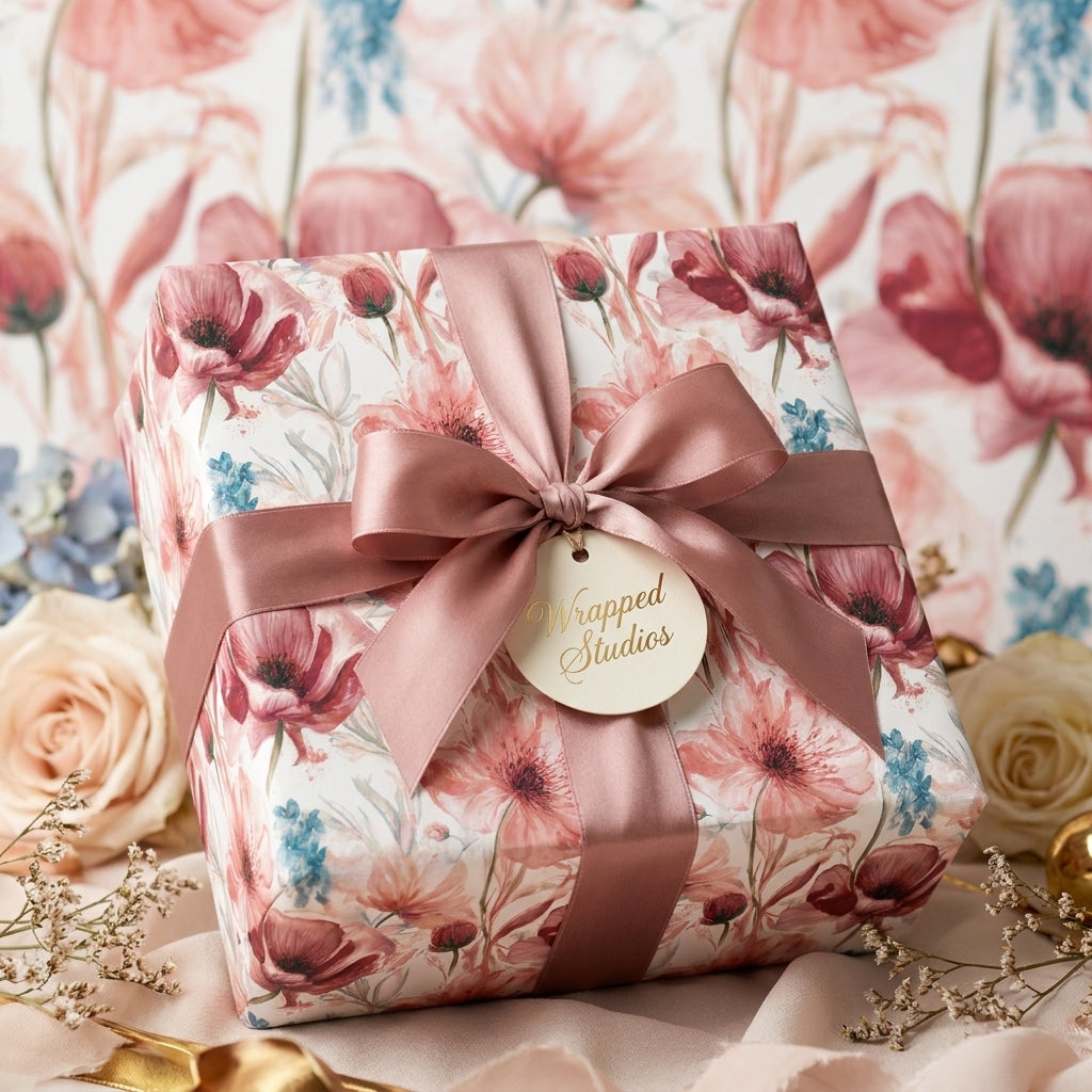 Elegant pink floral wrapping paper with a dusty rose satin bow, luxury gift wrap by Wrapped Studios.