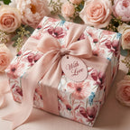 Elegant pink floral wrapping paper with a dusty rose bow and 'With Love' tag by Wrapped Studios.