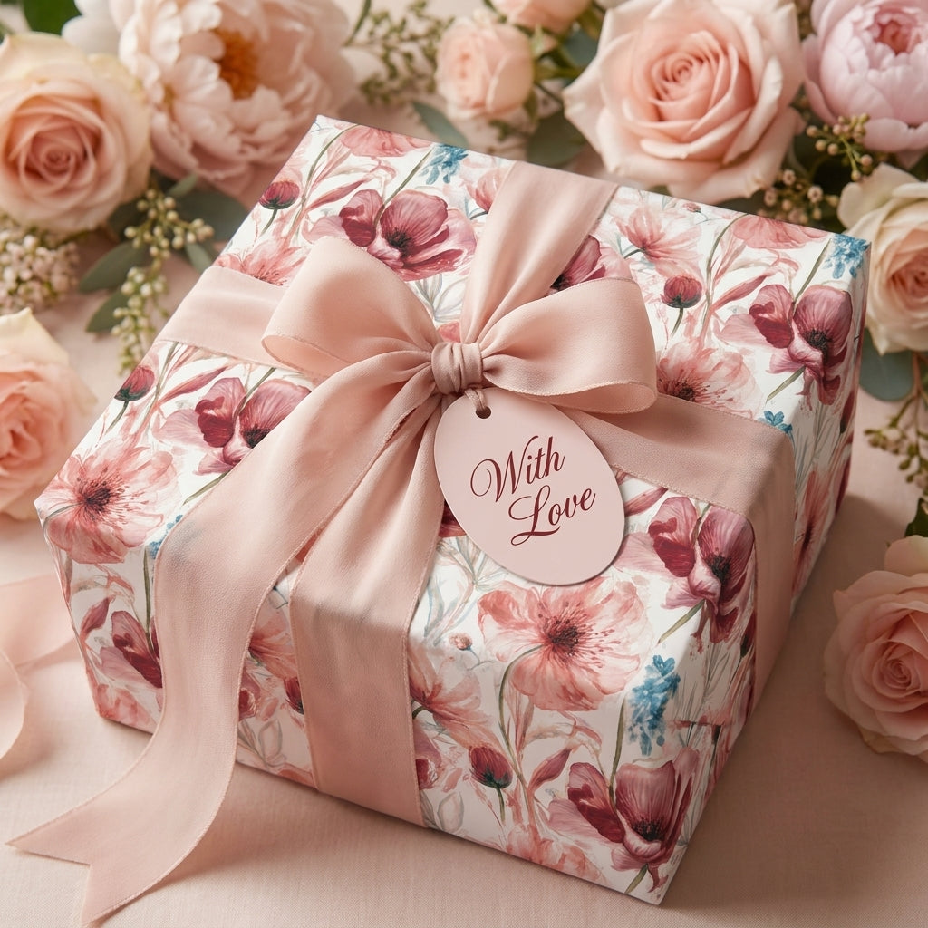 Elegant pink floral wrapping paper with a dusty rose bow and 'With Love' tag by Wrapped Studios.