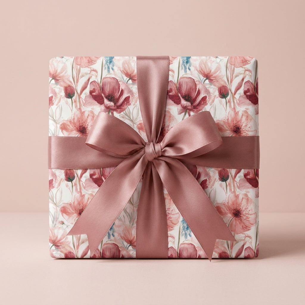 Elegant watercolor floral wrapping paper with a dusty rose satin bow by Wrapped Studios.