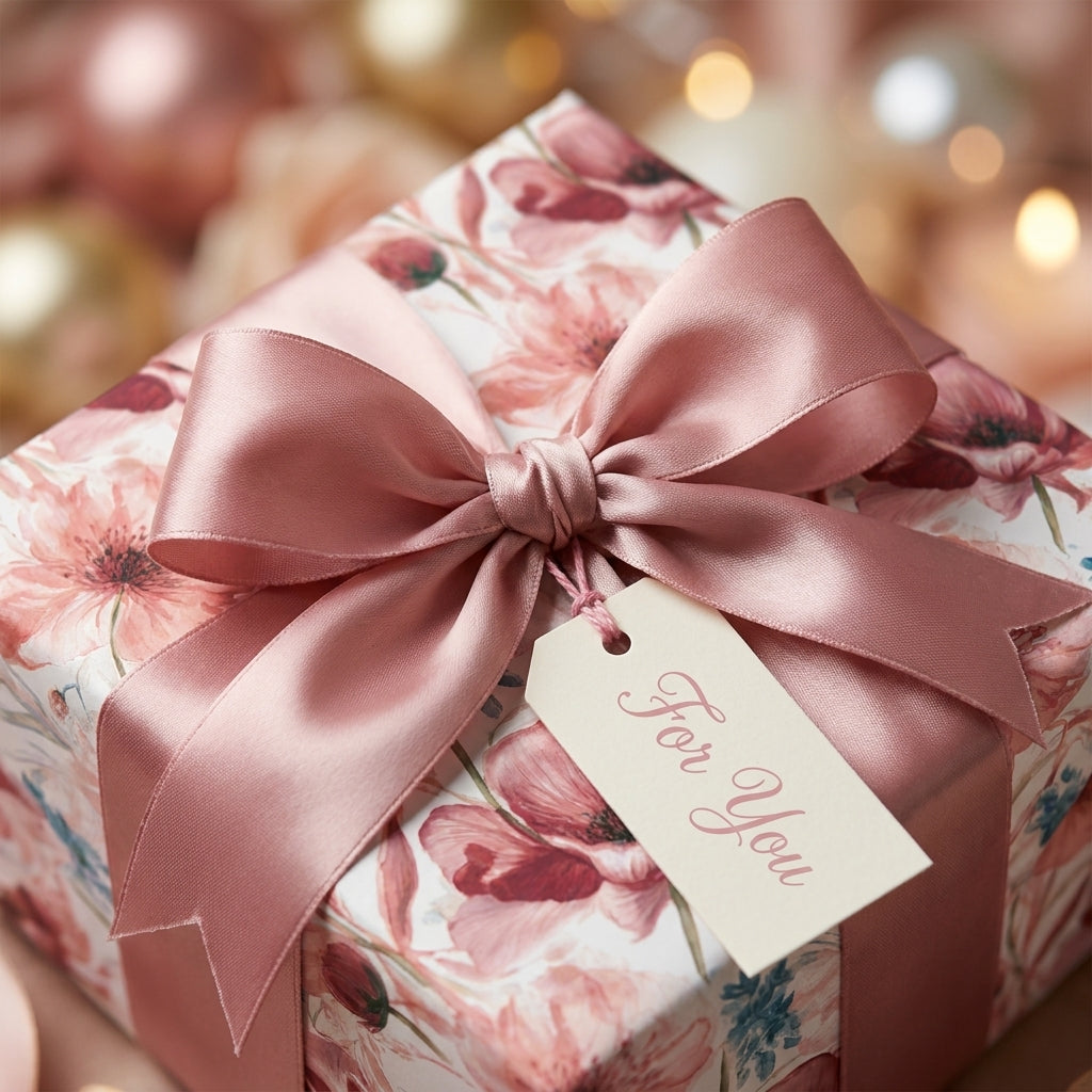 Elegant pink floral wrapping paper with a dusty rose satin bow and "For You" tag by Wrapped Studios.