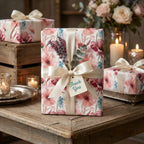 Vintage pink floral wrapping paper with a cream satin bow and thank you tag by Wrapped Studios.