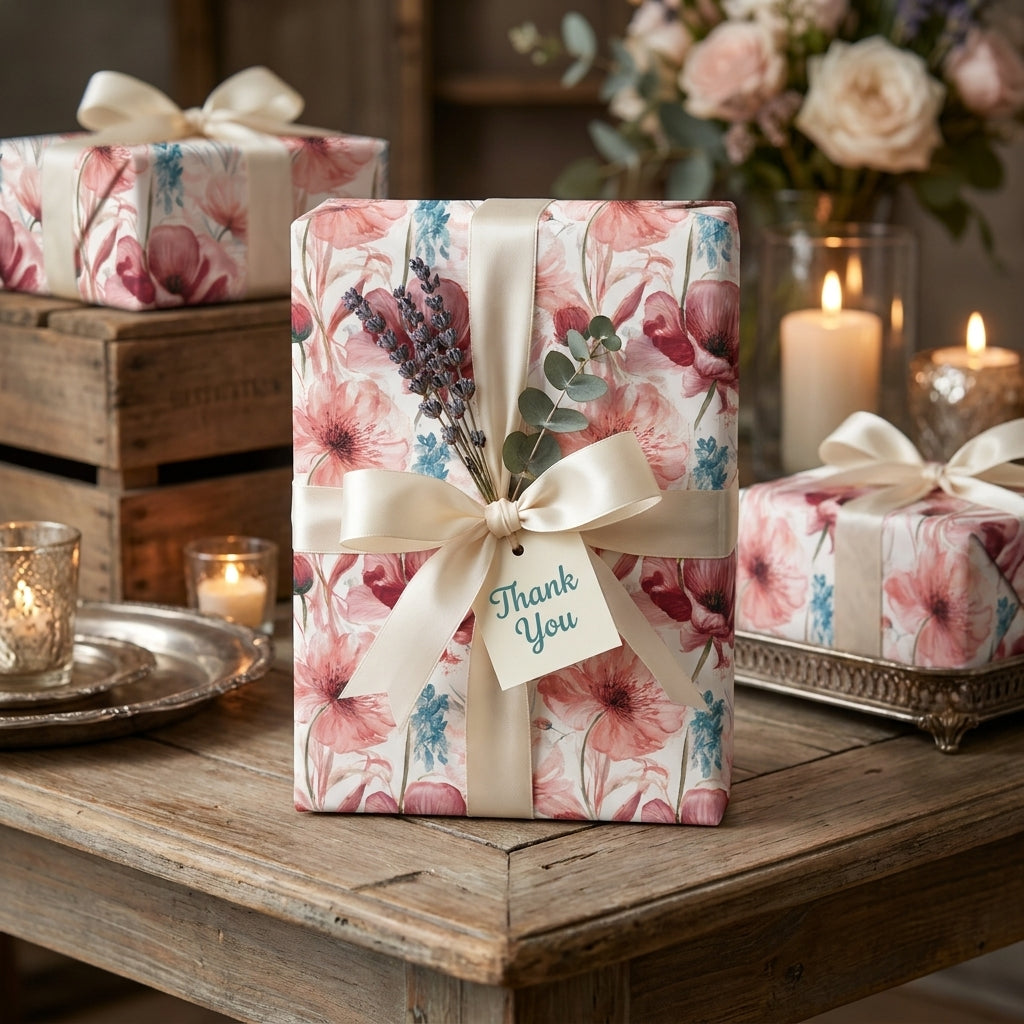 Vintage pink floral wrapping paper with a cream satin bow and thank you tag by Wrapped Studios.
