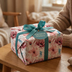 Watercolor floral wrapping paper with teal ribbon and "Warmest Wishes" tag by Wrapped Studios.