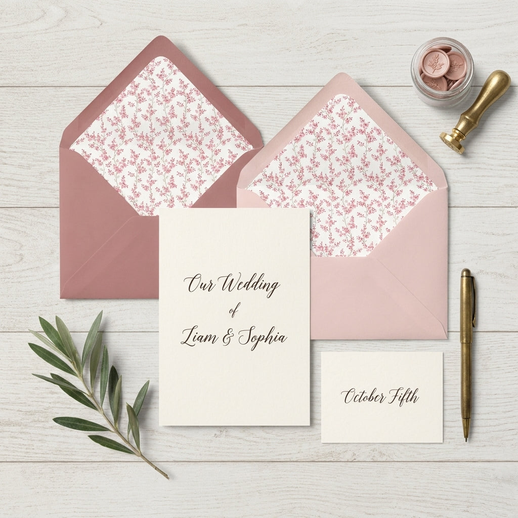 Elegant wedding invitation with dusty rose envelopes and pink floral liners by Wrapped Studios.
