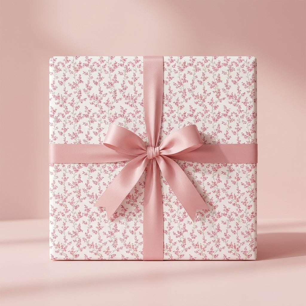 Dainty pink floral wrapping paper with a satin ribbon bow, elegant baby shower gift wrap by Wrapped Studios.