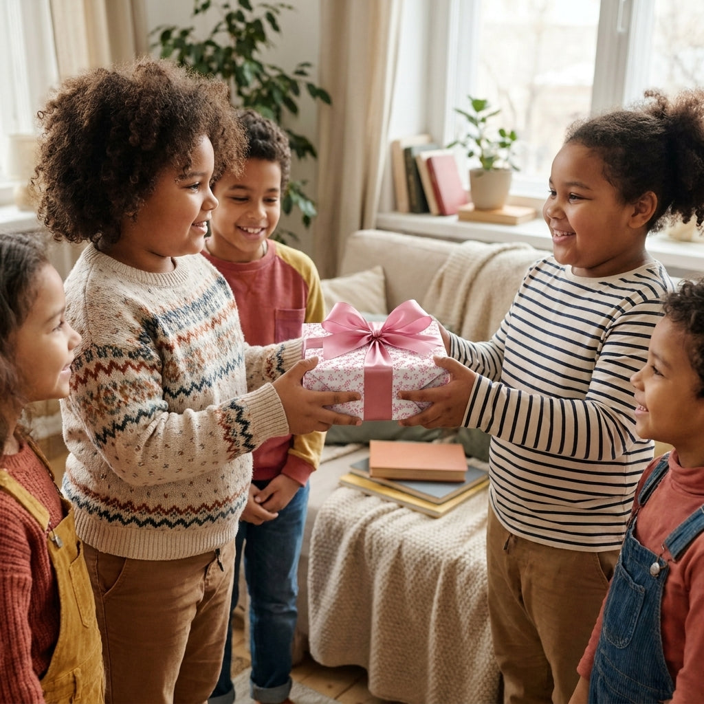 Kids exchanging a birthday gift wrapped in pink floral wrapping paper by Wrapped Studios.