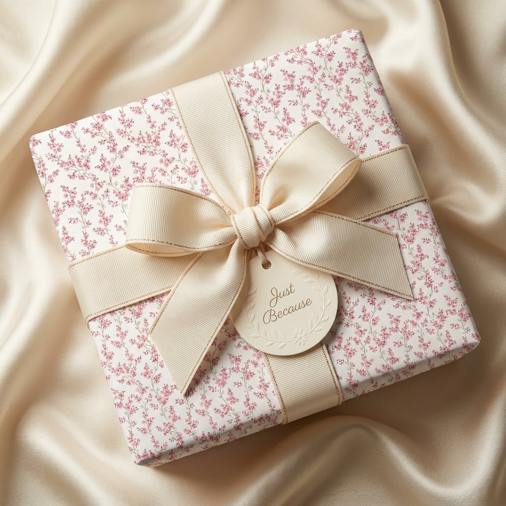 Luxury floral wrapping paper with cream grosgrain ribbon and "Just Because" tag by Wrapped Studios.