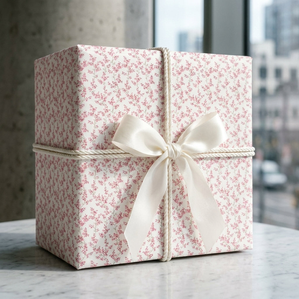 Luxury pink floral wrapping paper with cream satin bow on a gift box, by Wrapped Studios.