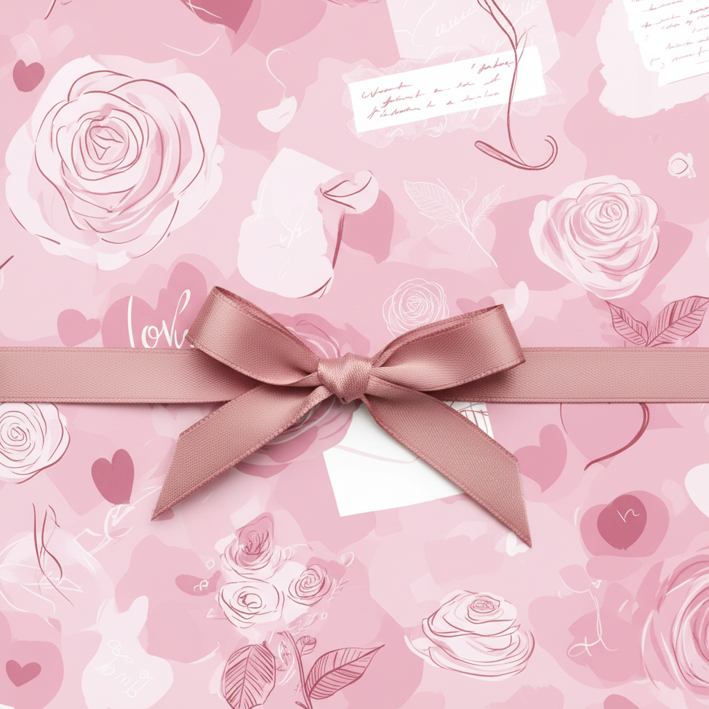 Pink floral wrapping paper with a dusty rose ribbon bow, perfect for a romantic or Valentine's Day gift.