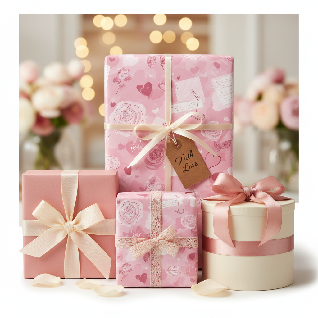 Pink romantic wrapping paper with rose and heart patterns, elegant satin ribbons, and a "With Love" tag for luxury gifts.