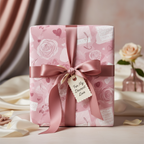 Romantic pink floral wrapping paper with roses and hearts, tied with a satin ribbon and "For My Dearest Love" tag, perfect for luxury gifts.