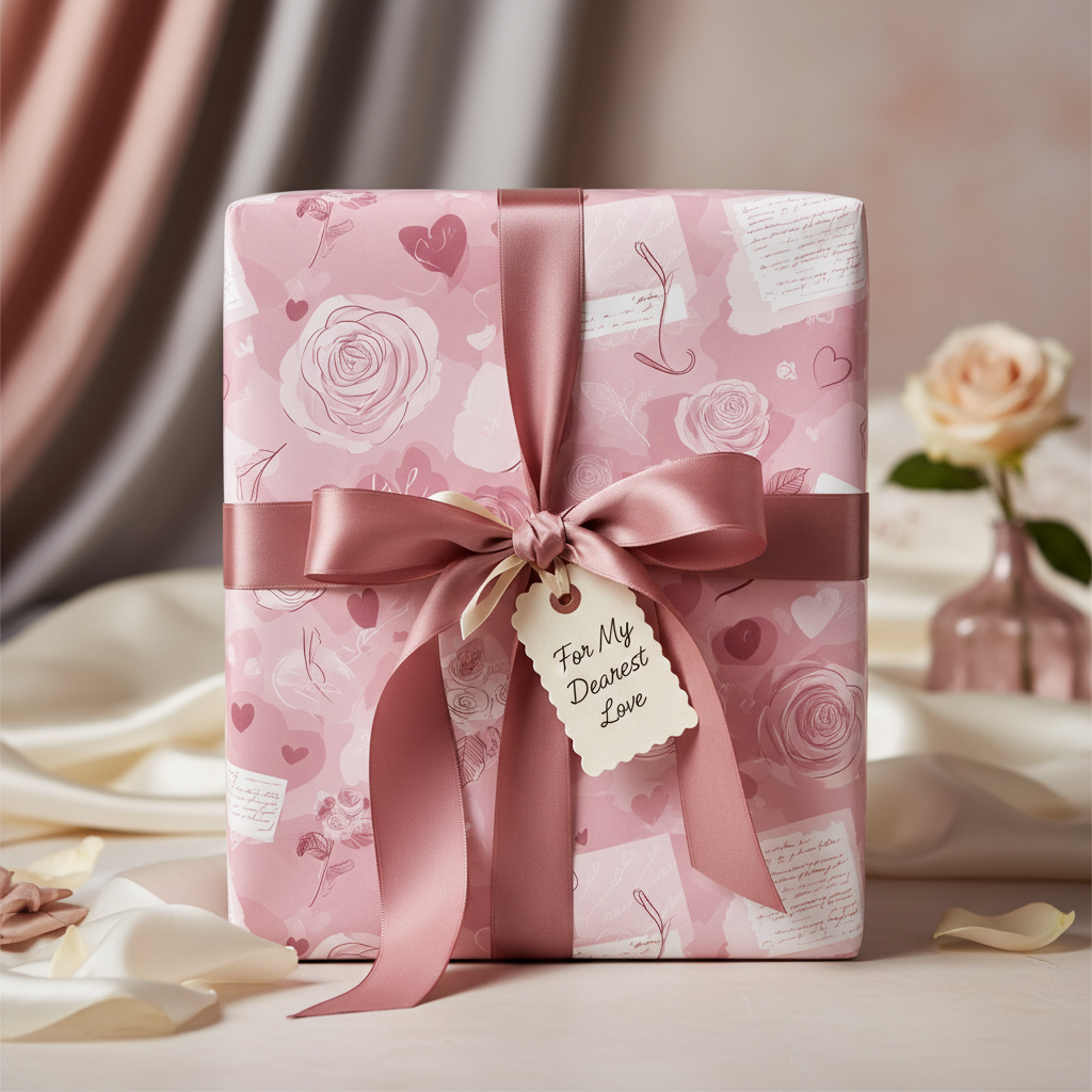 Romantic pink floral wrapping paper with roses and hearts, tied with a satin ribbon and "For My Dearest Love" tag, perfect for luxury gifts.