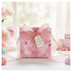 Pink romantic gift wrap with a "With All My Heart" tag, tied with a sheer pink ribbon and surrounded by soft flowers.