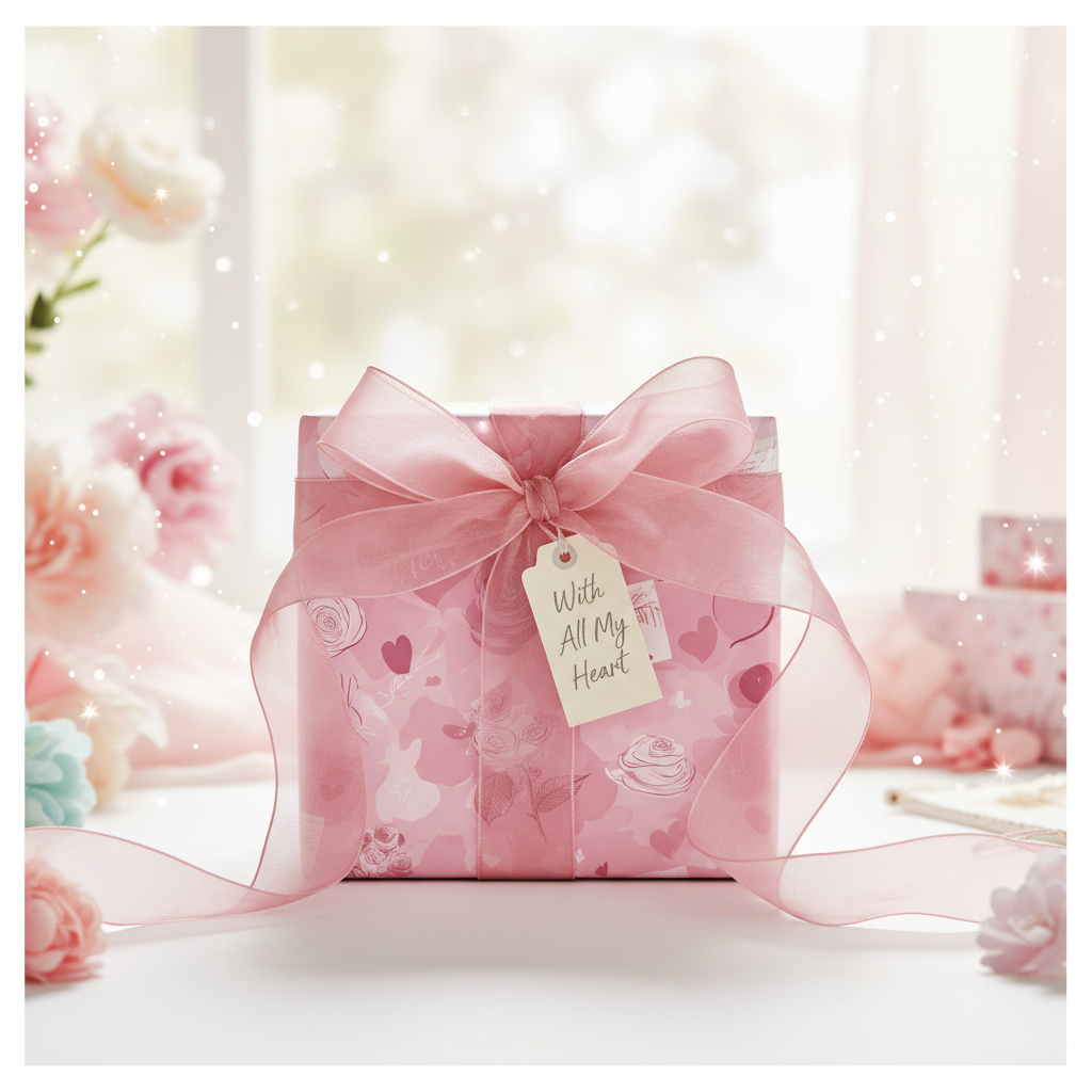Pink romantic gift wrap with a "With All My Heart" tag, tied with a sheer pink ribbon and surrounded by soft flowers.