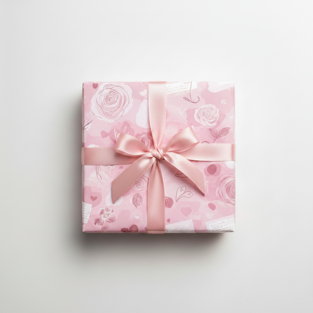 Pink floral wrapping paper with elegant rose patterns and a matching satin bow, perfect for a romantic gift, birthday, or Valentine's Day.