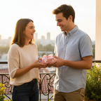 Young woman giving a beautifully wrapped pink gift with a ribbon bow to a smiling man on a balcony at sunset, perfect for birthday gift wrapping.