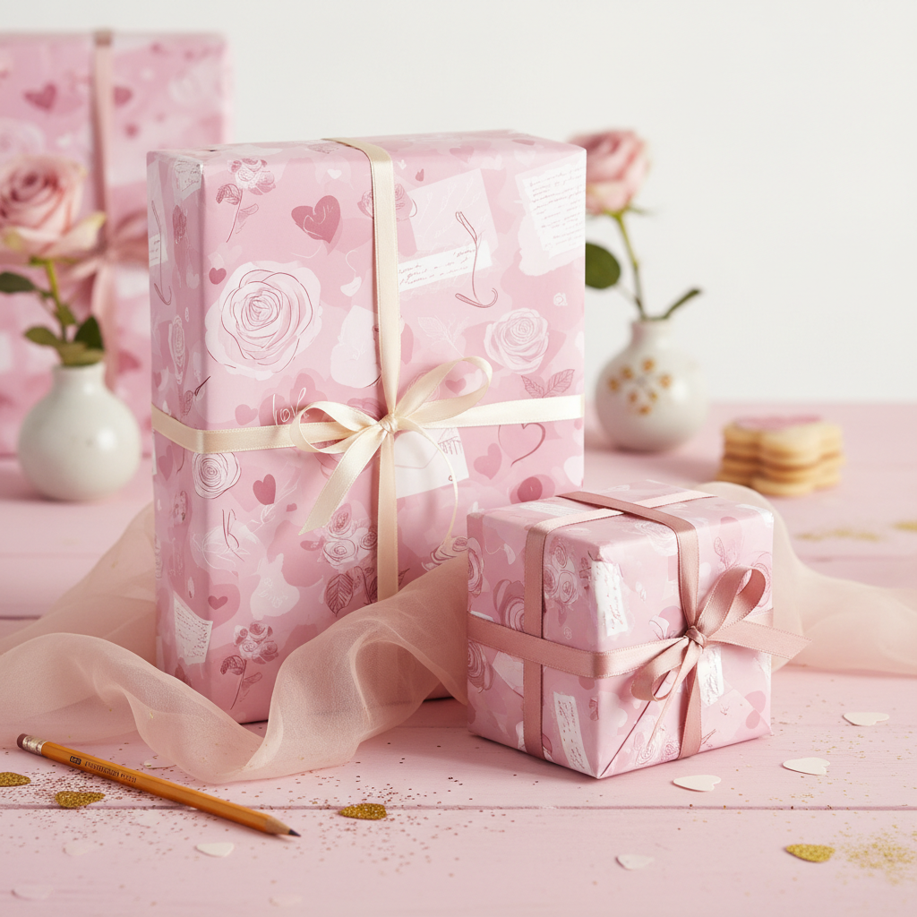 Pink romantic wrapping paper with hearts and roses for Valentine's Day or wedding gifts, tied with satin ribbon on a pink table.