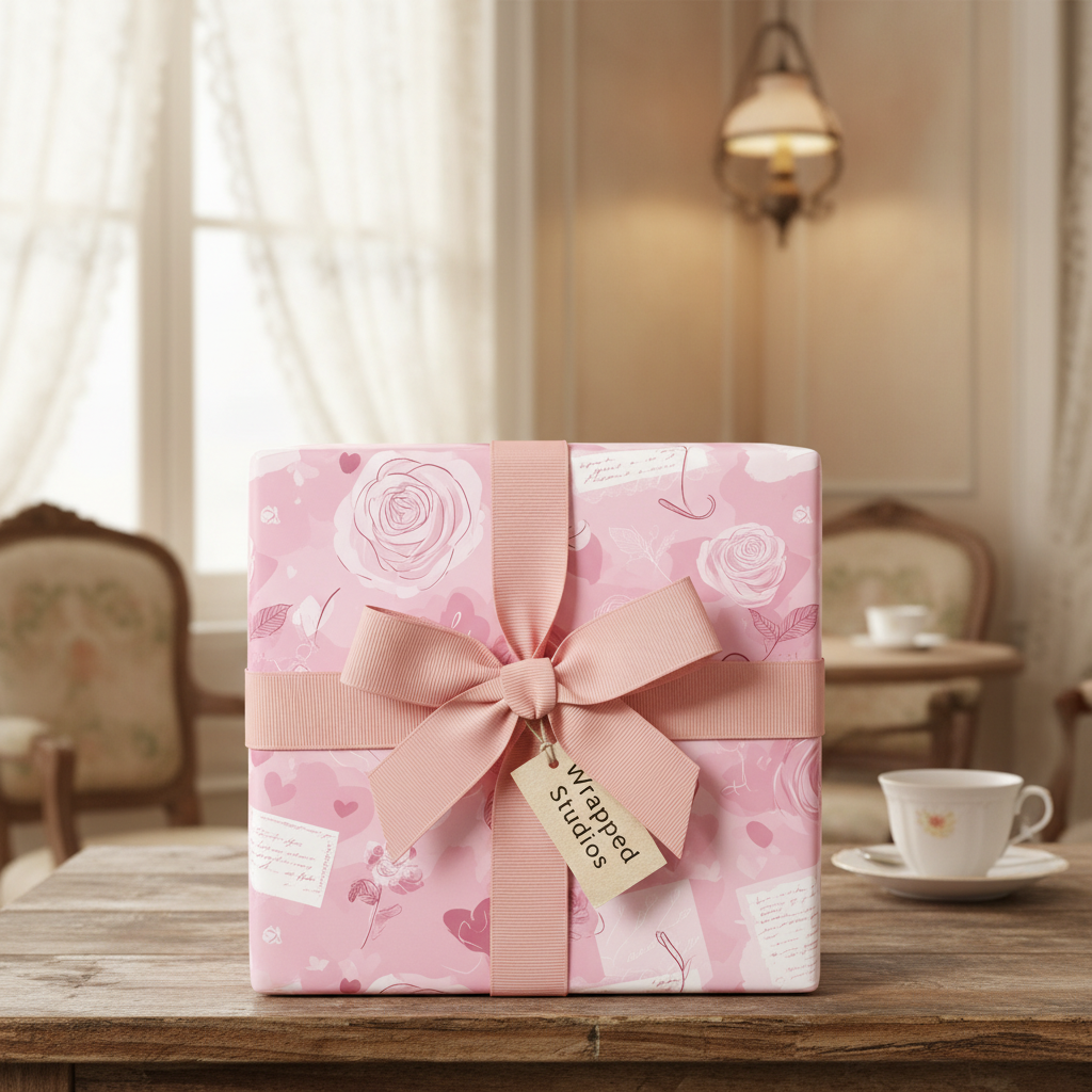 Pink floral romantic wrapping paper with a matching pink bow and "Wrapped Studios" tag, perfect for luxury gifts or a baby shower.