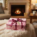 Pink romantic floral wrapping paper on a cozy blanket, tied with a burgundy ribbon, in front of a warm fireplace.