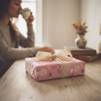 Pink romantic floral wrapping paper with lace ribbon and bow, perfect for a thoughtful gift.