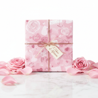 Pink floral wrapping paper with roses and hearts, tied with a ribbon and "A Token of Affection" tag, perfect for a romantic gift.