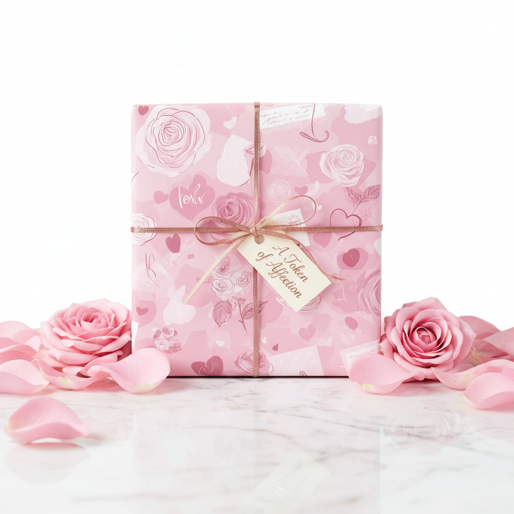 Pink floral wrapping paper with roses and hearts, tied with a ribbon and "A Token of Affection" tag, perfect for a romantic gift.