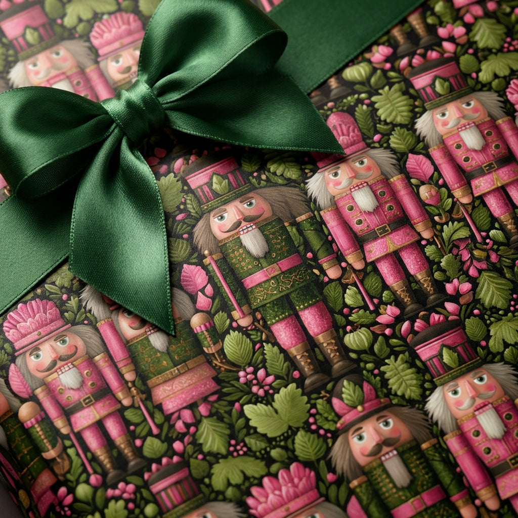 Nutcracker Christmas wrapping paper with green bow.