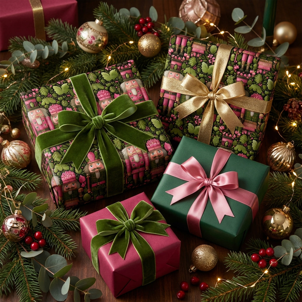 Festive Christmas gifts wrapped in nutcracker and solid color paper with velvet ribbons.