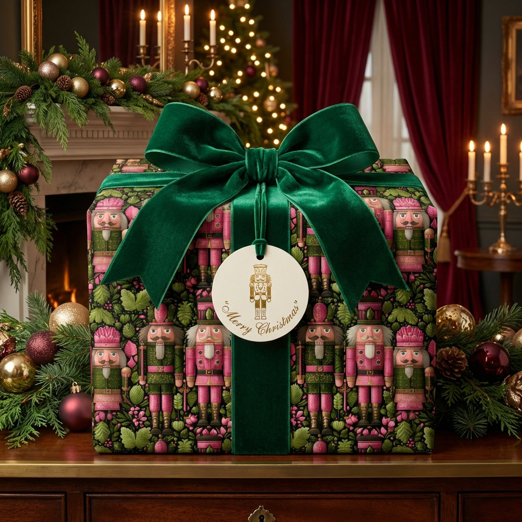 Elegant nutcracker Christmas gift wrapped with green velvet ribbon, tag reading "Merry Christmas".