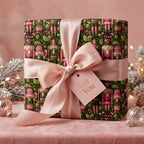Nutcracker Christmas gift wrapped in elegant floral wrapping paper with satin ribbon.