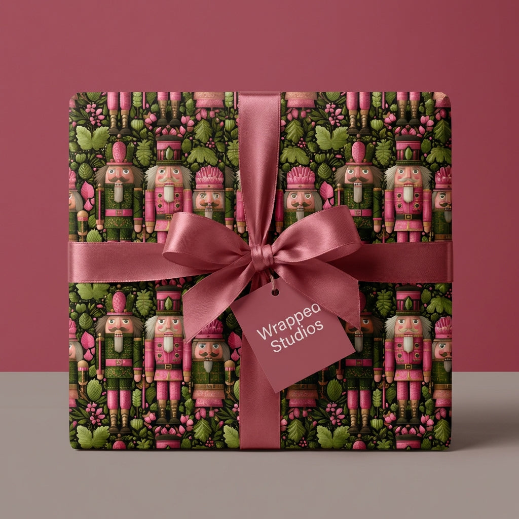 Wrapped gift in pink nutcracker Christmas wrapping paper with matching satin ribbon.