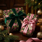Festive Christmas gift wrap with nutcracker and floral pattern, green and pink ribbon from Wrapped Studios.
