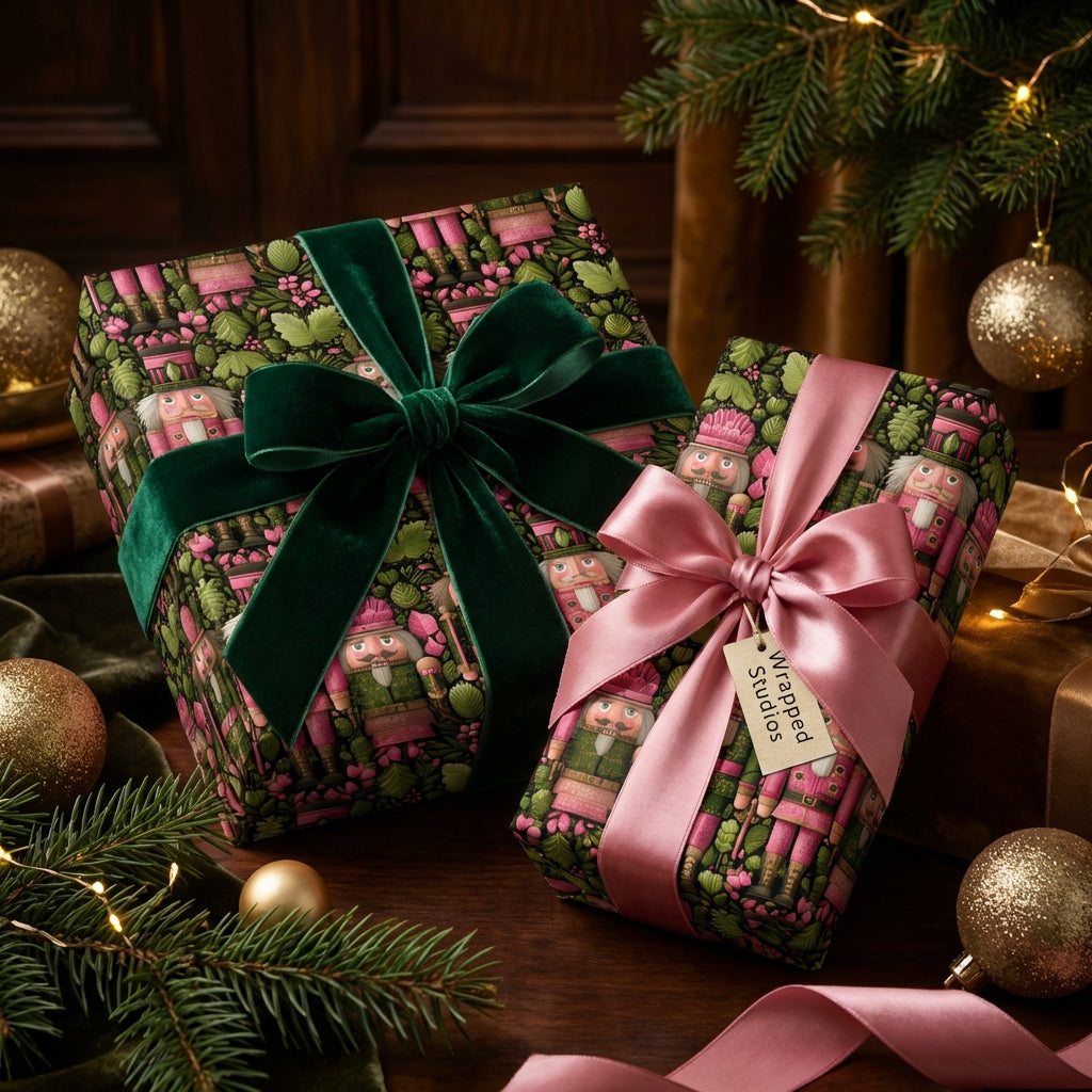 Festive Christmas gift wrap with nutcracker and floral pattern, green and pink ribbon from Wrapped Studios.