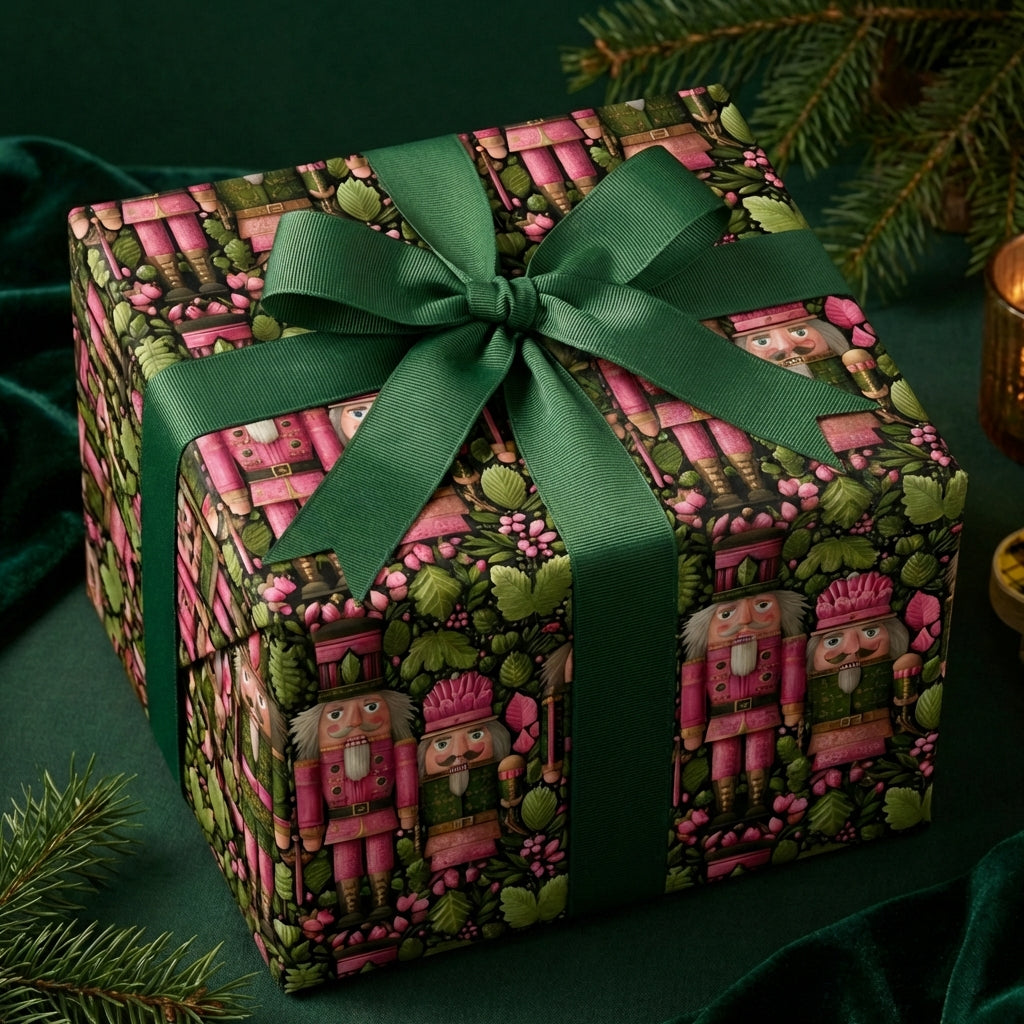 Elegant Christmas gift wrapped in nutcracker wrapping paper with a green ribbon.