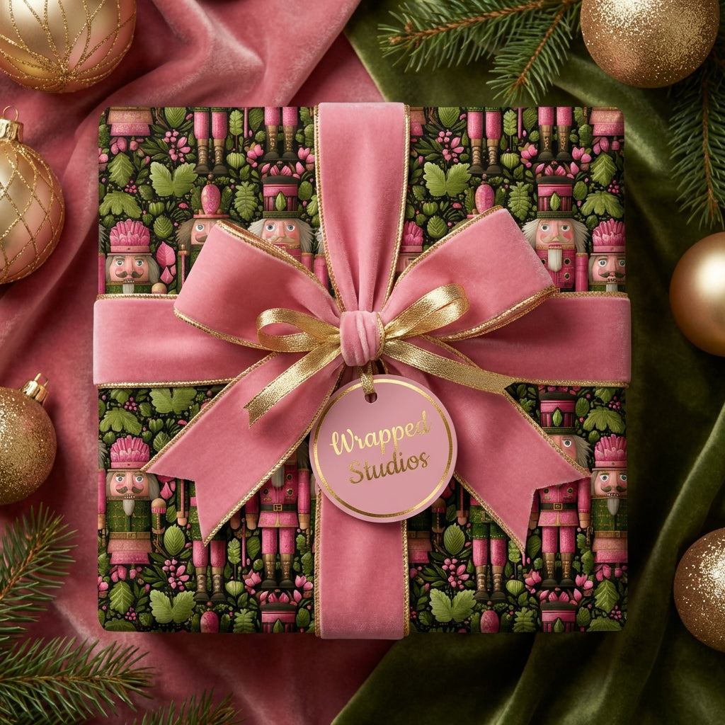 Wrapped Studios pink and green Nutcracker Christmas gift wrap with a velvet bow.