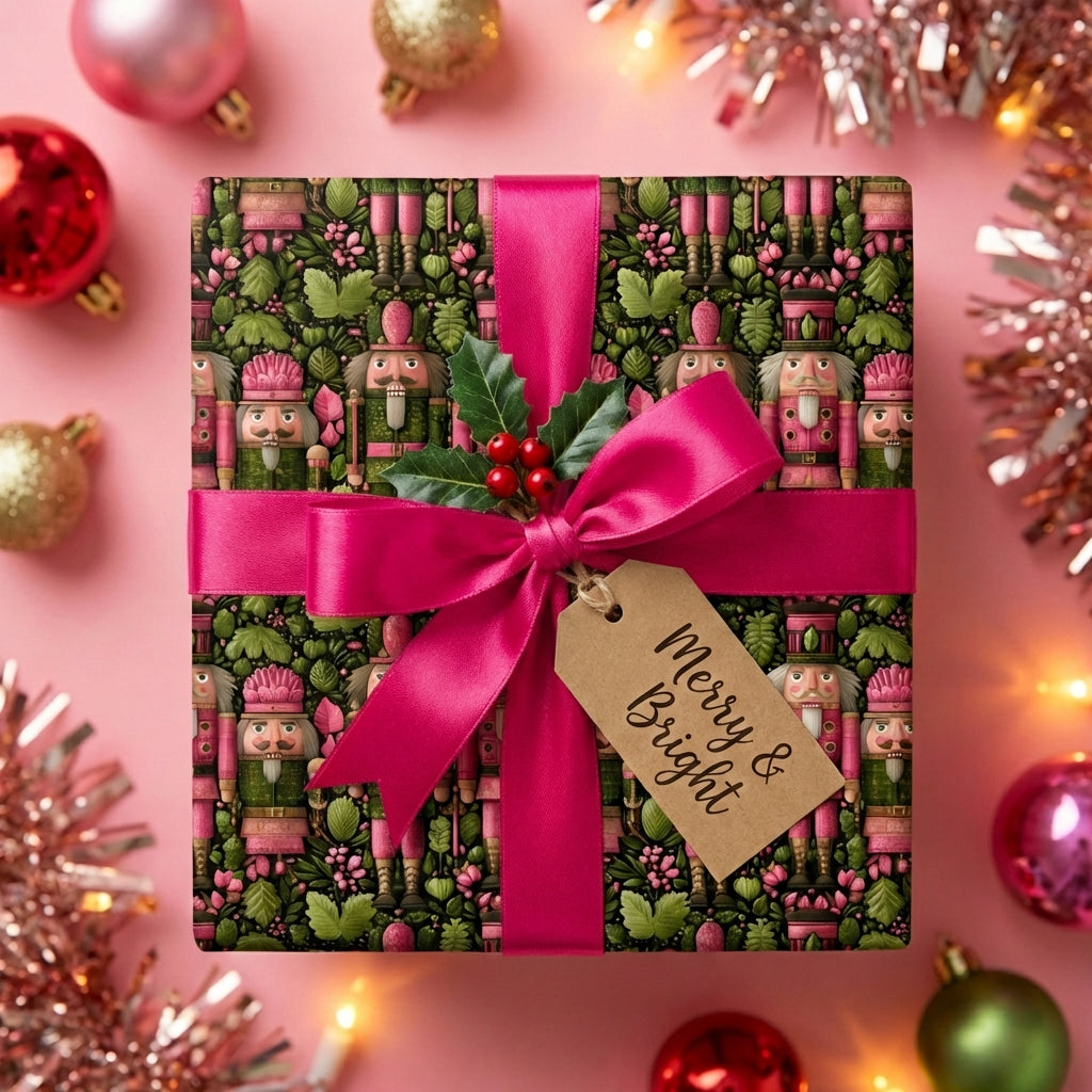 Nutcracker Christmas gift wrap with pink ribbon.
