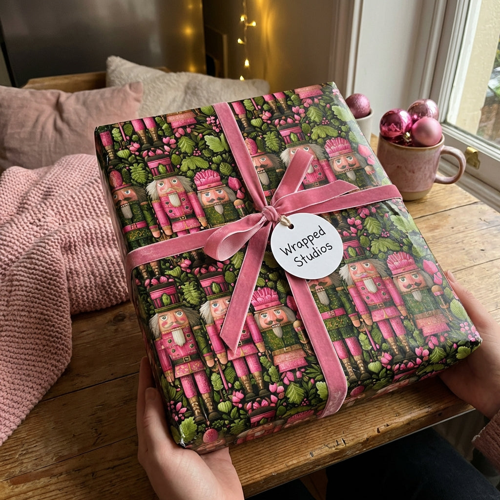 Wrapped Studios Christmas gift wrapped in pink nutcracker wrapping paper with velvet ribbon.